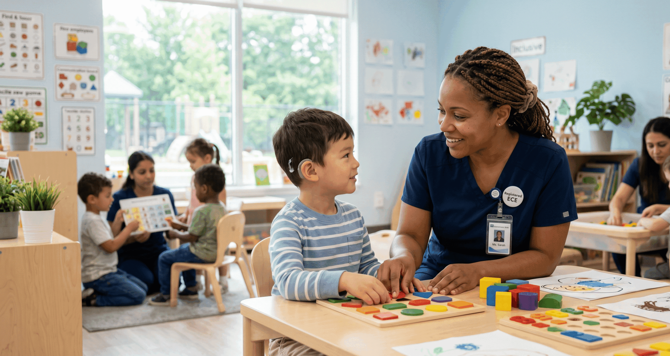 Early childhood educator supporting children with special needs in a classroom setting